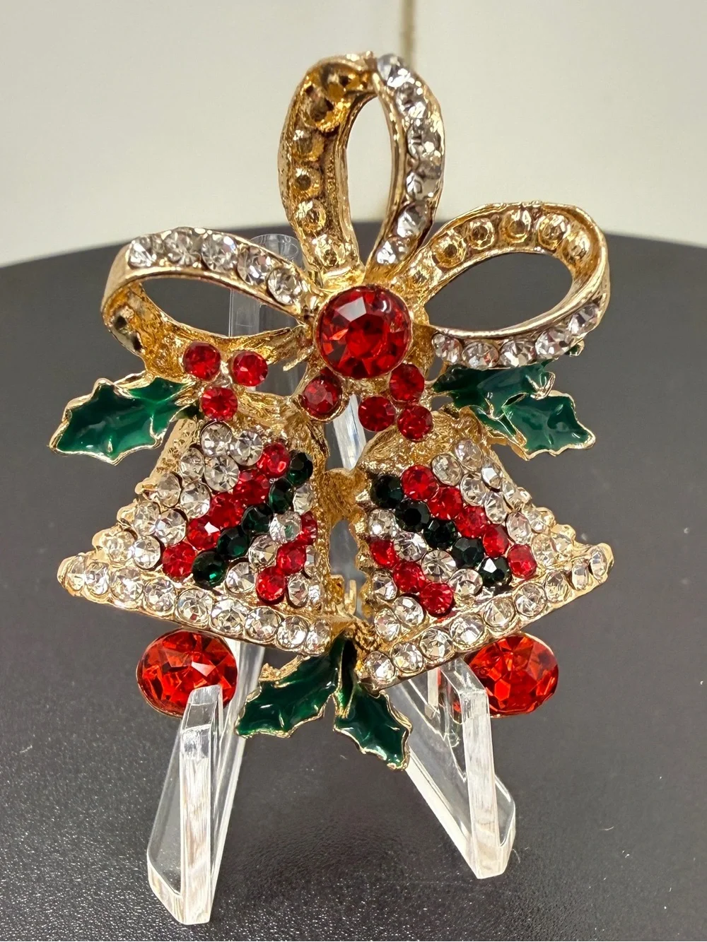 Festive Gold-Tone Red & Green Crystal Bell Brooch